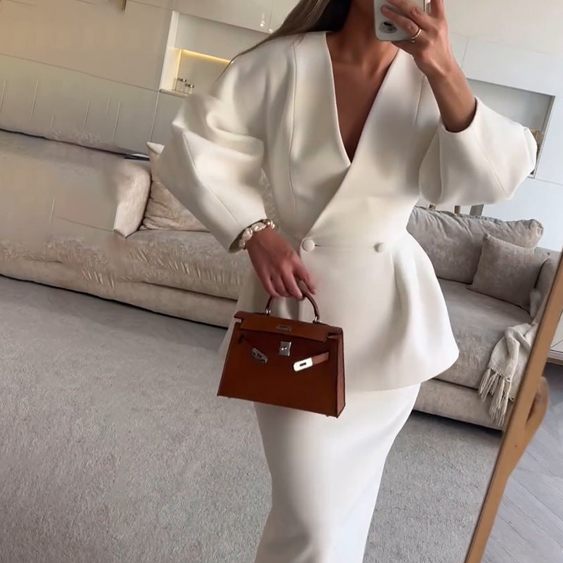 Button Detail Bubble Sleeve Dress Suit