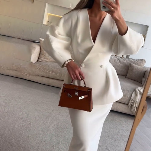 Button Detail Bubble Sleeve Dress Suit
