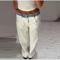 Contrast Denim Pants Women Midi Waist Wide Legs Straight Casual Jeans Female 2026 Autumn Winter New Chic Fashion Soft Streetwear