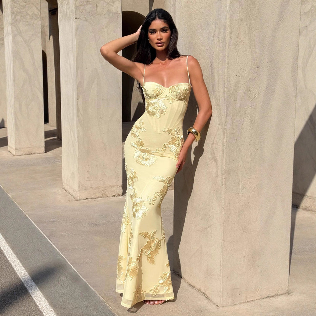 Elegant Floral Backless Long Dress for Women